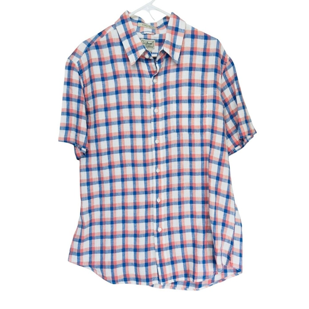 LL Bean 100% Linen Shirt Mens Large Pink Blue Check Button Up‎ Slightly Fitted